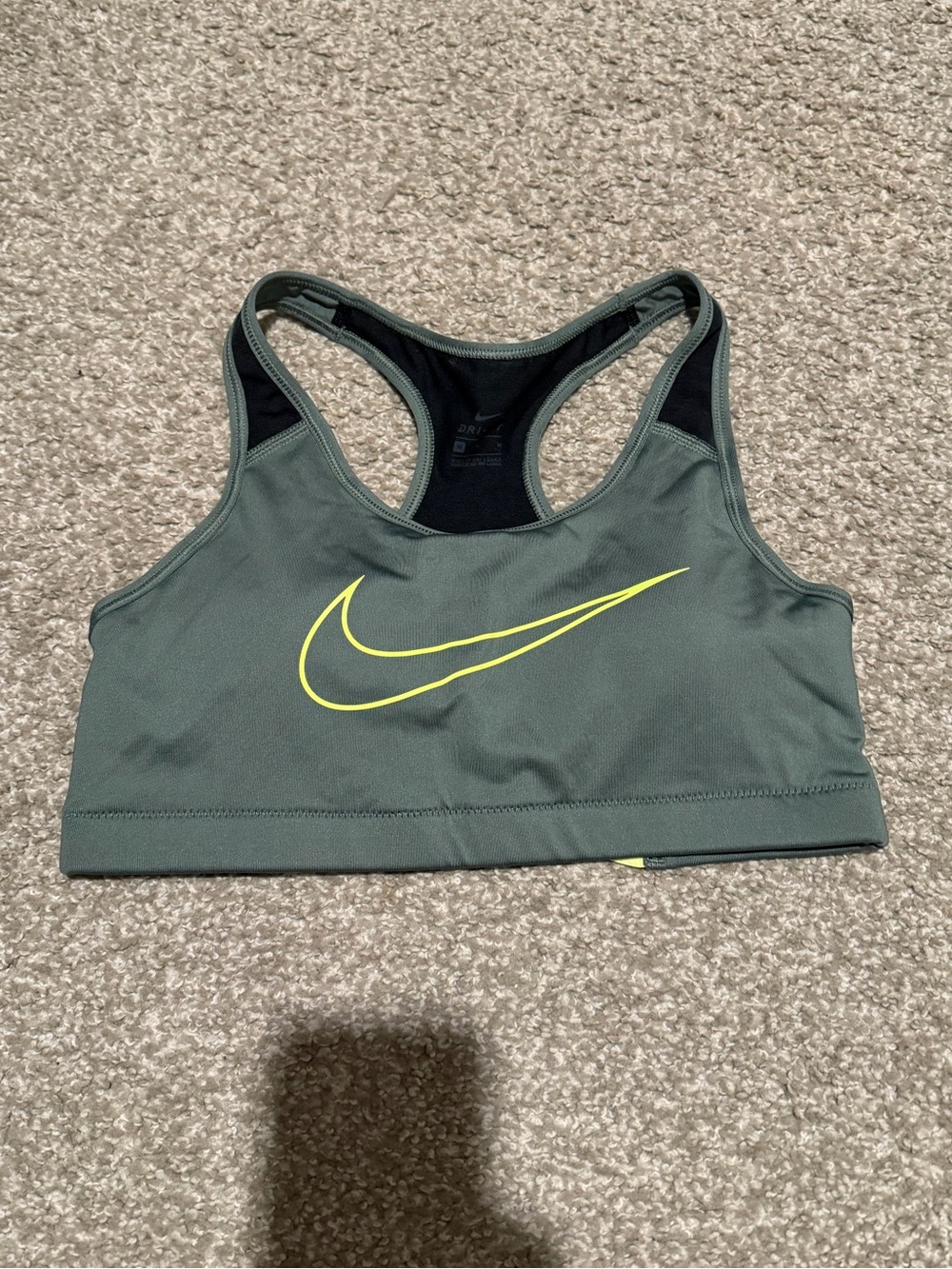 Nike Olive Green Sports Bra with Neon Yellow Swoosh